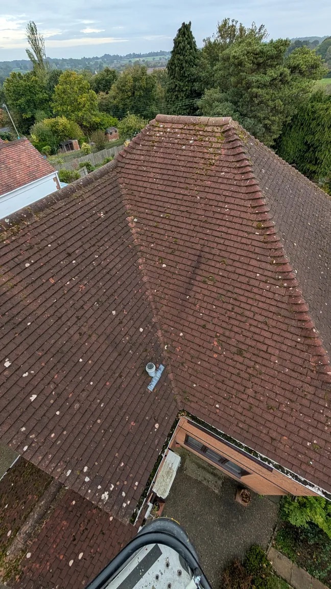 Large tiled roof stained brown with moss and lichen before cleaning