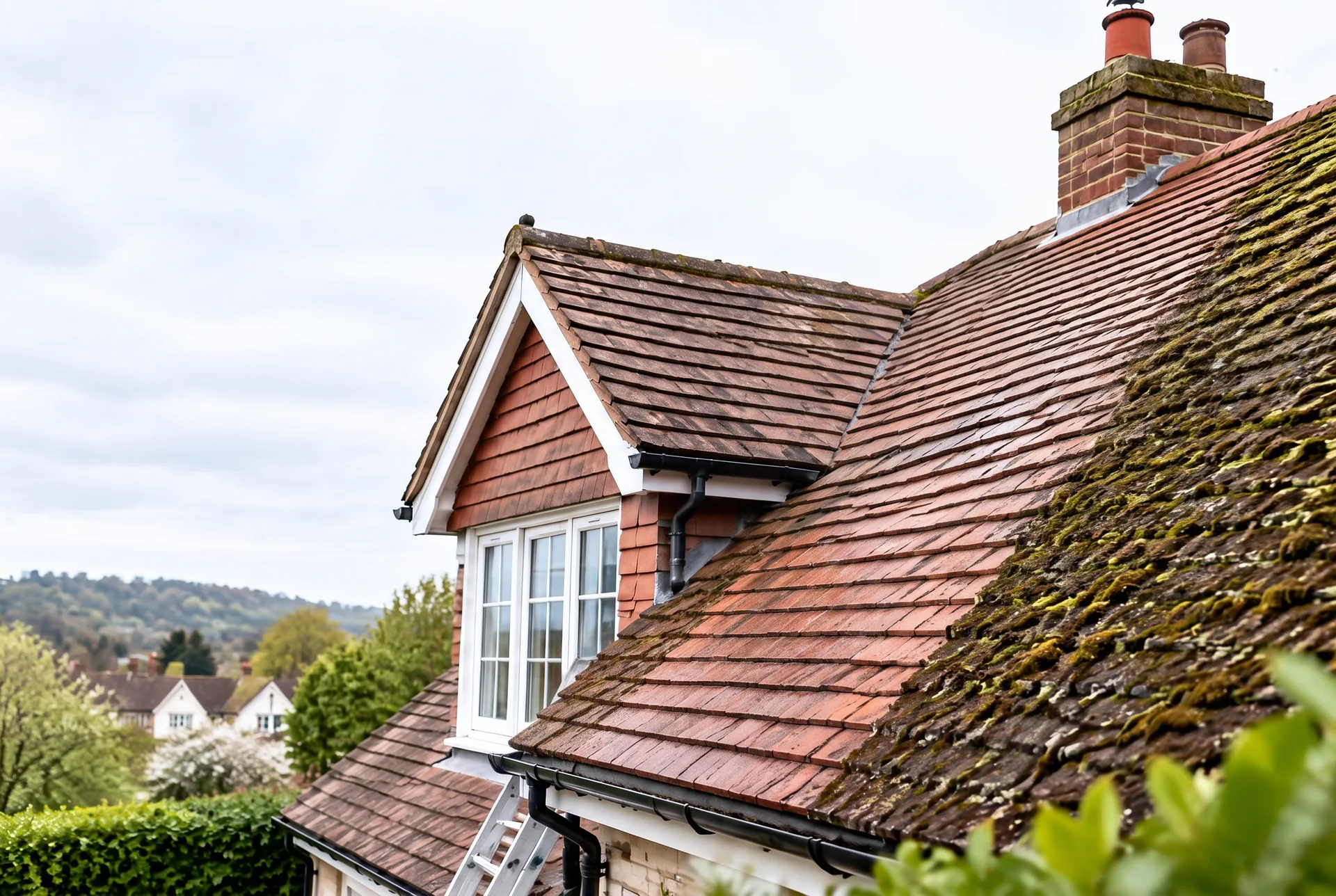 Tiled roof with moss before roof cleaning